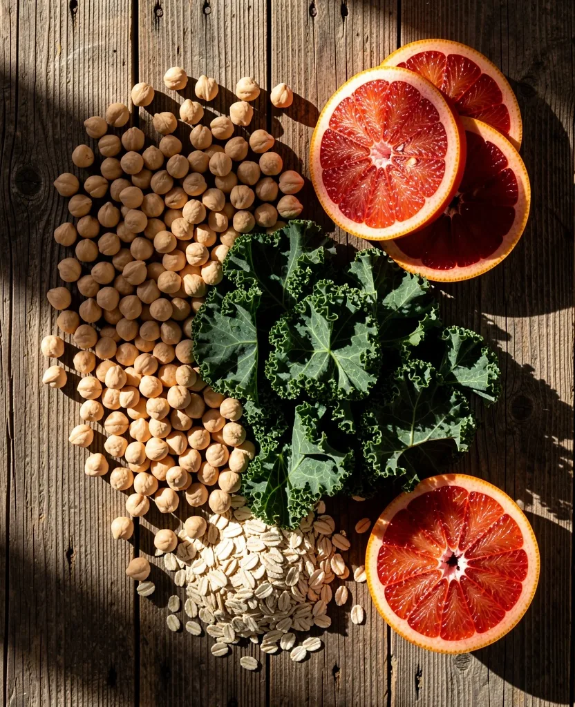 Fresh whole food ingredients arranged on a rustic surface